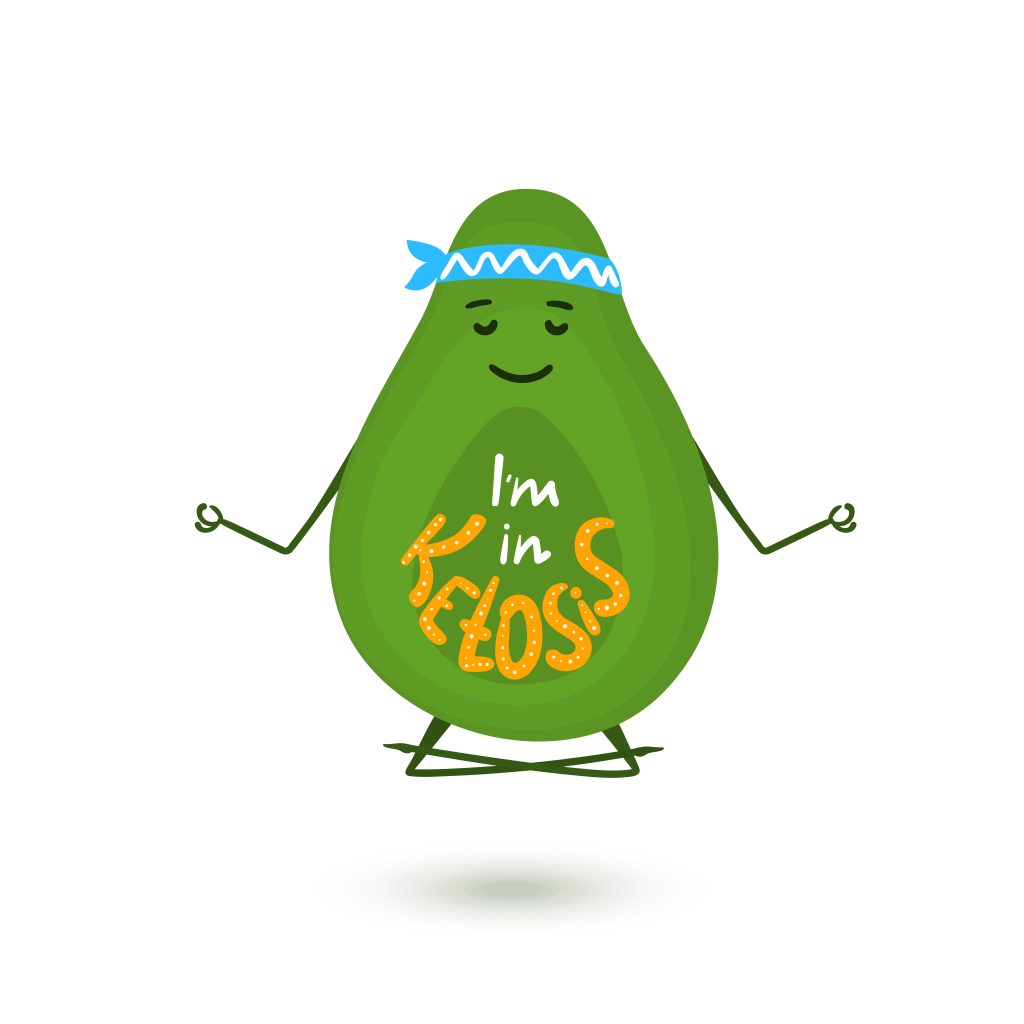 Cartoon avocado meditating in a lotus position with "I'm in ketosis" on its chest.
