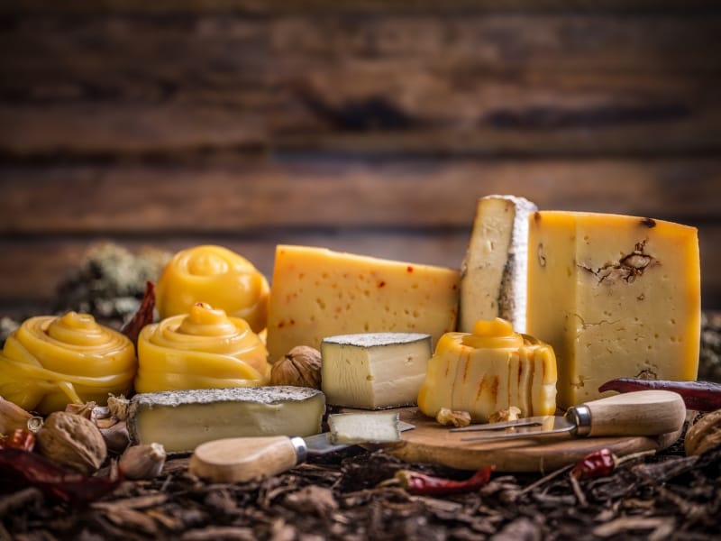 Blocks of cheese that have been been cut, next to decorative flower shaped cheeses. With a mini cheese knife and fork.