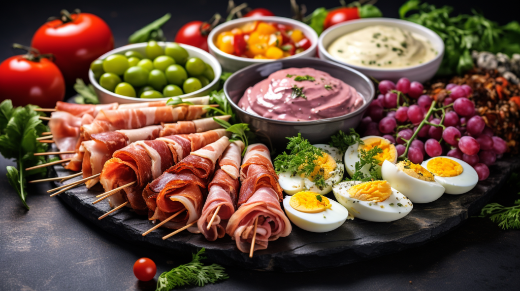 high protein keto foods such as egg, chicken wrapped with bacon, chicken kewers, and cheese
