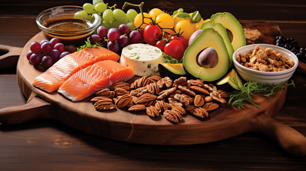 keto food platter with salmon, avocado, nuts and more
