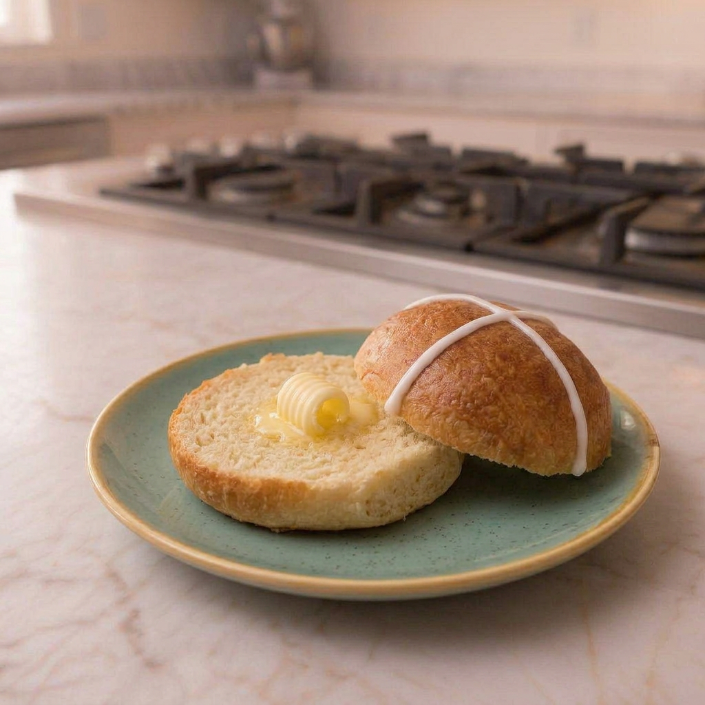 Keto hot cross bun with butter on a green plate.