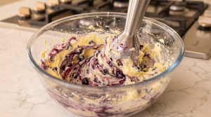 blueberries and butter being blended using a handblender.