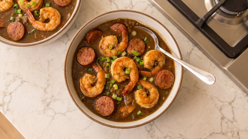 Keto Shrimp & Sausage Gumbo in a bowl face down view