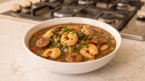 Keto Shrimp & Sausage Gumbo in a bowl