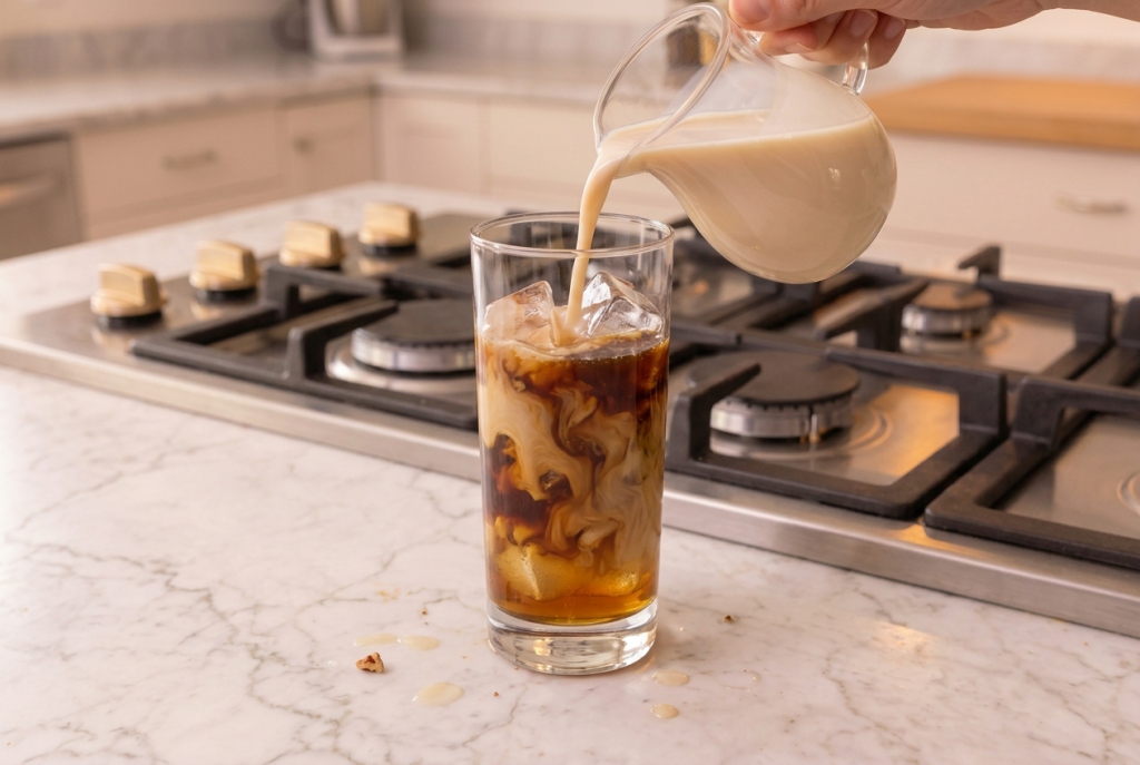 adding almond milk to the glass