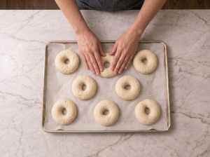 uncooked bagels on tray