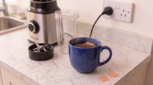 tea blewing in a blue mug
