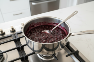 blueberries cooking, wiht a spoon in the pan to stir.