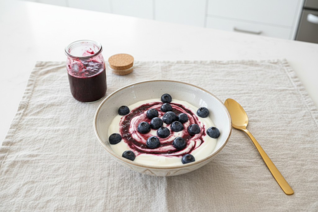 blueberry sauce mixed with skyr yoghurt and topped with fresh blueberries.