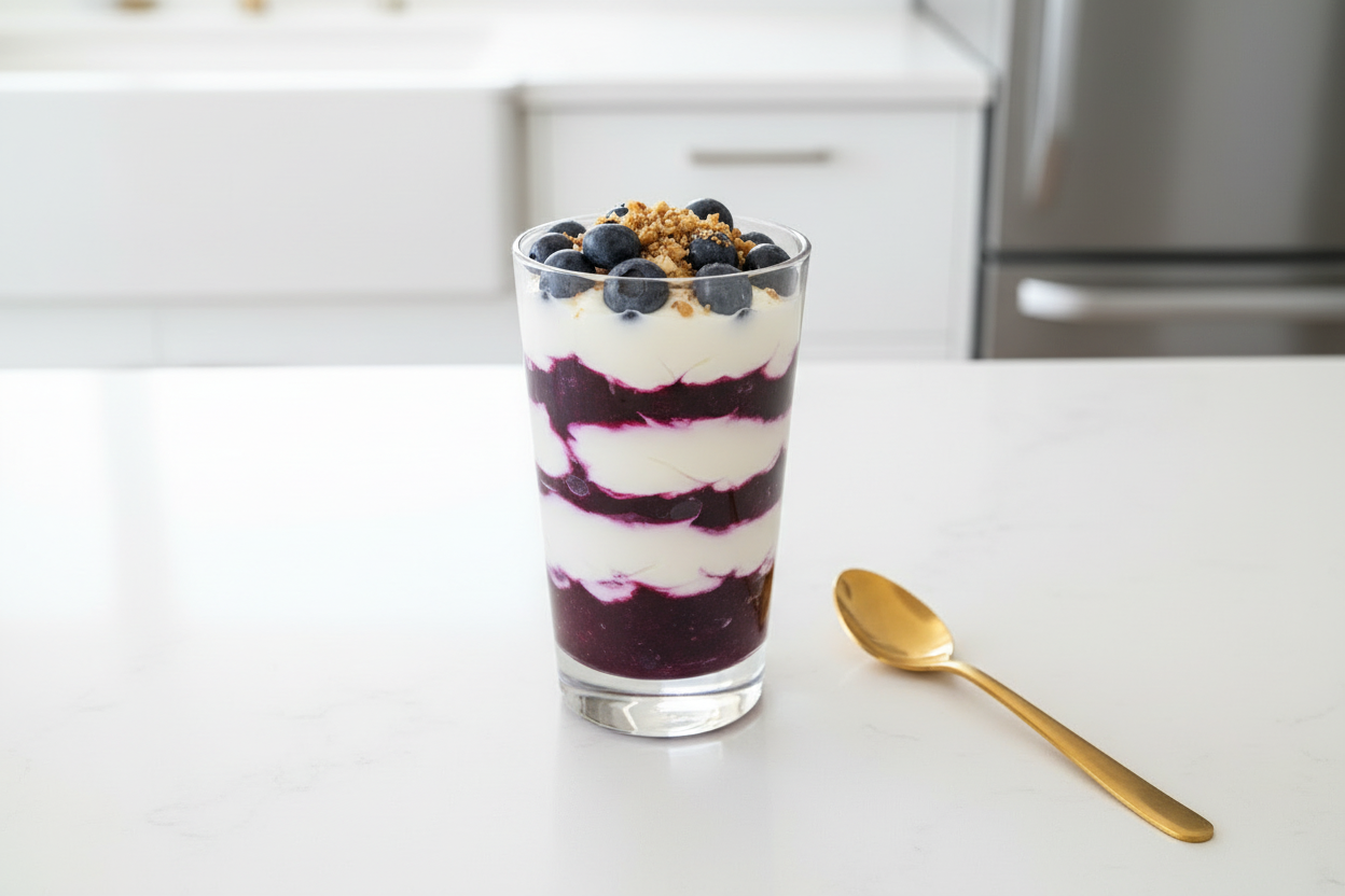 blueberry sauce and skyr yoghurt layered in a glass parfait.