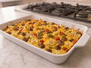 The finished breakfast cassarole in a white oven dish