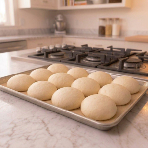 uncooked hot cross buns on a baking tray after rising