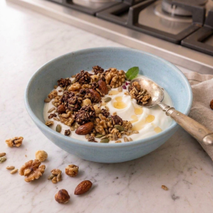 keto granola in a blue bowl with greek yoghurt.