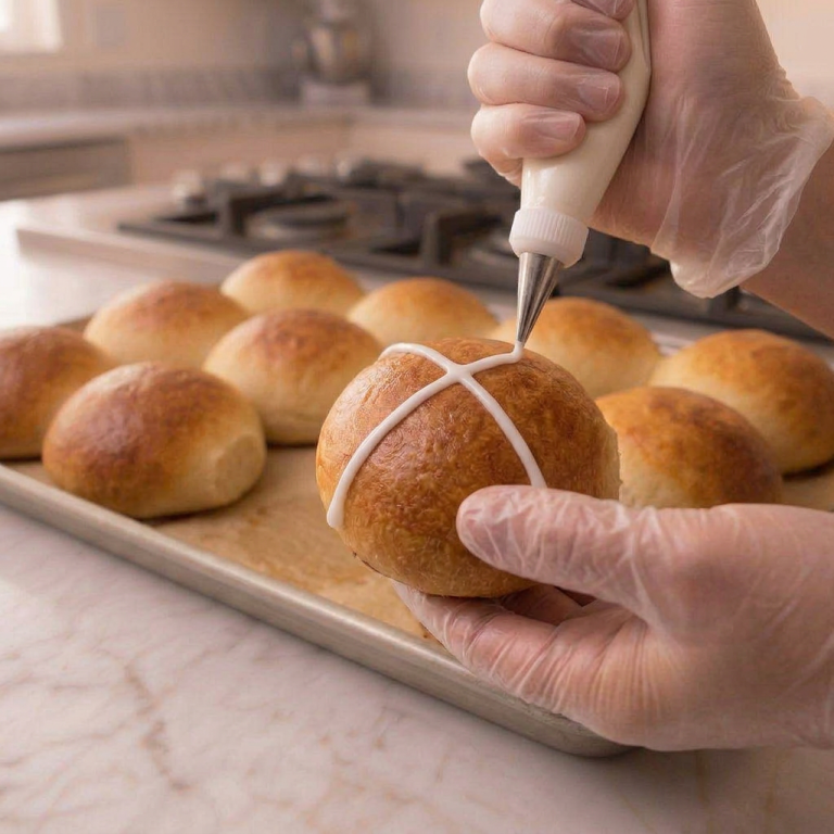 hot cross bun being piped