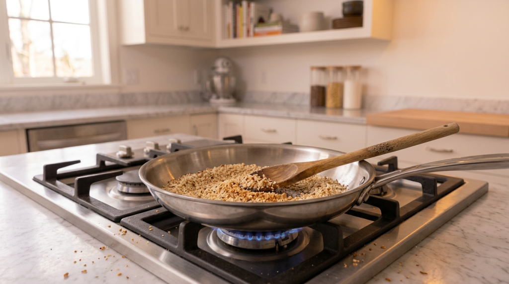Ground almonds being toasted in a stainless steel frying pan on a gas hob, stirred with a wooden spoon until golden