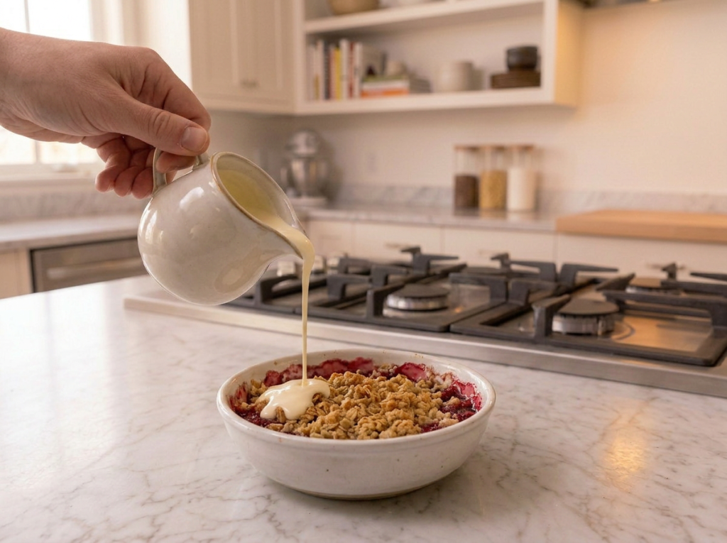 Double cream poured from a jug over a bowl of gluten free raspberry crumble with a golden almond and pecan topping