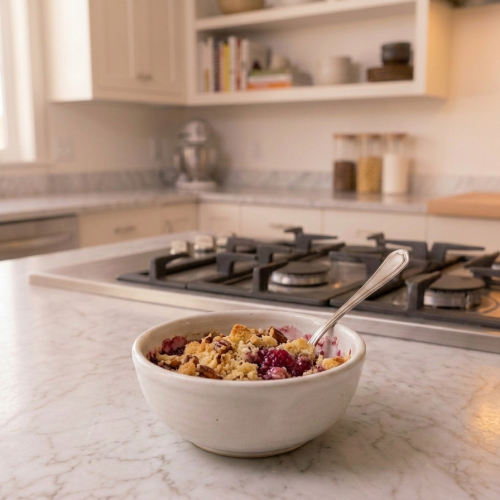 A bowl of low carb raspberry crumble topped with toasted almond and pecan crumble, served with a spoon